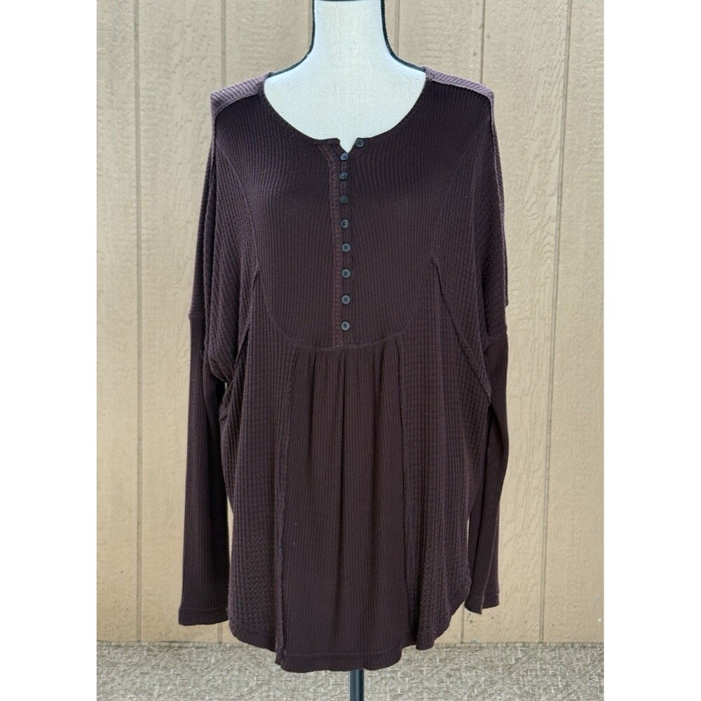 Free People Leo Henley Top Waffle Knit Thermal Women’s Oversized Slouchy Brown S